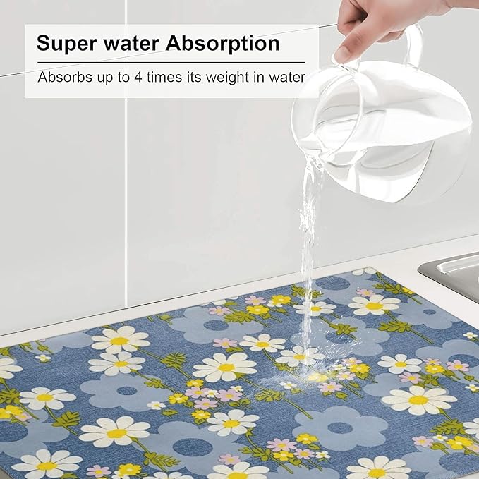 Daisy Flowers Dish Drying Mat for Kitchen Counter 18x24 Microfiber Absorbent Fast Dry Mat 2Pcs Dish Mat Faucet Mats Sets Large Drying Kitchen Mat Kitchen Drying Pad Coffee Bar Decor Gifts