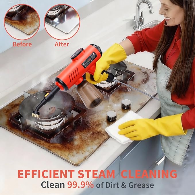 1200W High Pressure Handheld Steam Cleaner 600ML Tank Multi-Purpose Steamer for Home UseCleaning Floor Upholstery Grout and CarRed