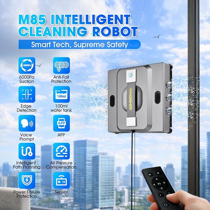 M85 Window Cleaning Robot - 6000PA Strong Suction Compact Robot 6-Way Spray &amp Wet Wiping Auto Edge Detection 4 Cleaning Modes Smart Path Planning Suitable for High-Rise Glass/Tiles