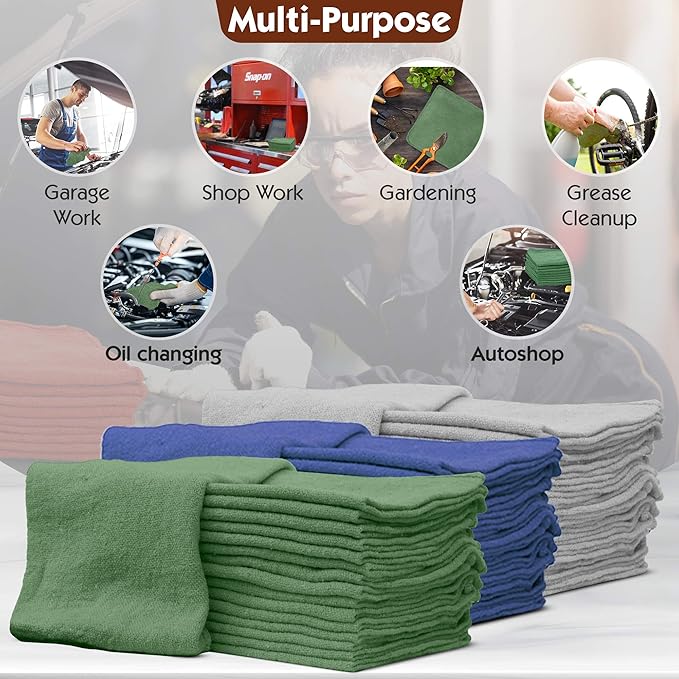 Nabob Wipers Auto Mechanic Shop Towels 100 Pack Bulk Rags 100% Cotton Commercial Grade Shop Rags Size 14x14 (100 Pack Green)