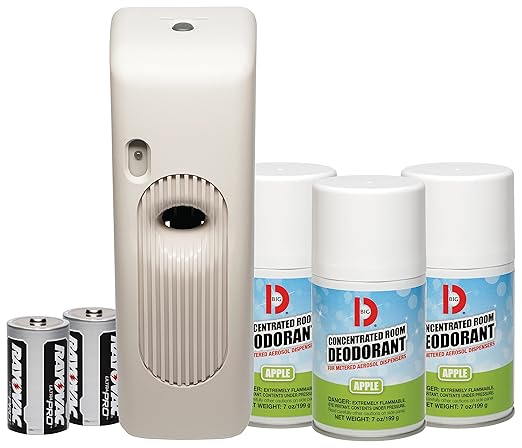 Big D 867 Metered Aerosol Starter Kit Apple Fragrance (Contains Dispenser 2 Batteries 3 Aerosol Cans) - Air freshener ideal for restrooms offices schools restaurants hotels stores