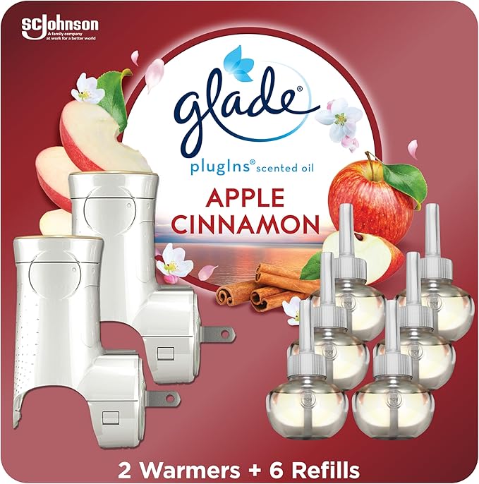Glade PlugIns Air Freshener Starter Kit Scented and Essential Oils for Home and Bathroom Apple Cinnamon 4.02 Fl Oz 2 Warmers and 6 Refills
