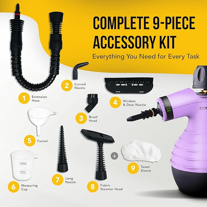Comforday Multi-Purpose Handheld Pressurized Steam Cleaner with 9-Piece Accessories Handheld Steamer Perfect for Stain Removal Curtains Car Seats Floor Bathroom Window Cleaning (Purple)