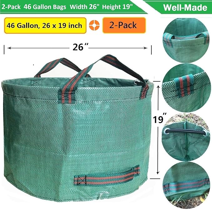 Standard 2-Pack 46 Gallon Lawn Garden Bags (D26H19 in) Yard Waste Bags W/Gardening Gloves for Leaf BagYard DebrisTrash ContainerRecycling BinCamping Waste BinGrass ClippingsWeeds Bag 4 Handles