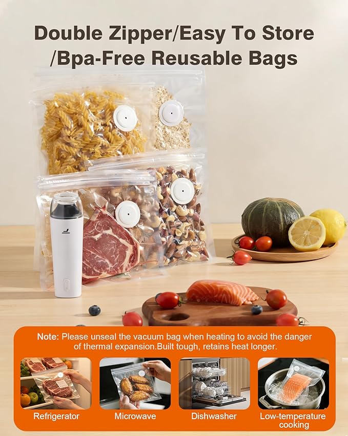 Vacuum sealer for food Chef’s Design to Preserve Freshness Compact Handheld Vacuum Sealer with 30 Reusable Bags Professional-Grade for Food Storage Savers Pebble