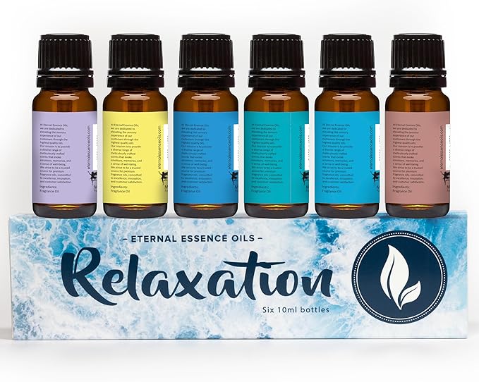 Eternal Essence Oils Relaxation Set of 6 Premium Fragrance Oils - Includes Lavender Chamomile Ylang Ylang Mountain Rain Ocean Breeze Eucalyptus and Sandalwood Scented Oils - 10ML