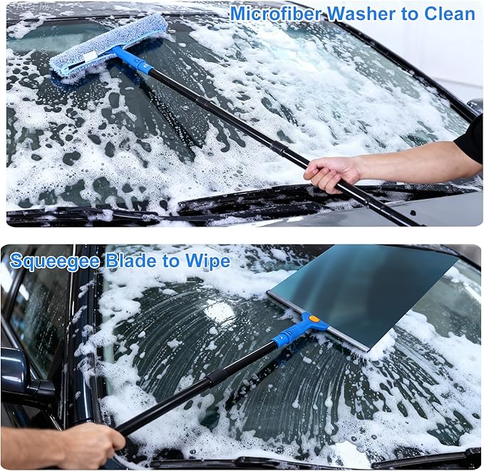 3-in-1 Professional Window Squeegee Kit with 2 Squeegee 2 Microfiber Scrubber 1 Razor Scraper Thick Iron 48.8 Window Squeegee with Extension Pole for Car Glass Mirror Wall Bathroom Home Van
