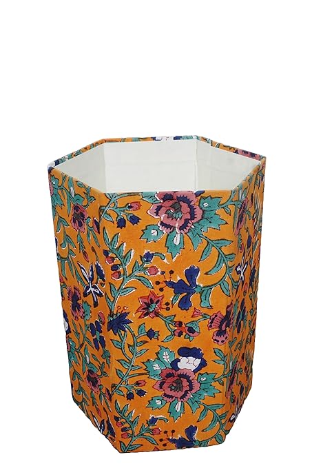 Generic 3.3 Gallon Cotton Hand Block Printed Paper Waste Basket |Small Decorative Trash Can for Housewarming Gifts in Living Room Bedroom Bathroom | Eco-Friendly Plastic-Free (1 ORE.GREEN)
