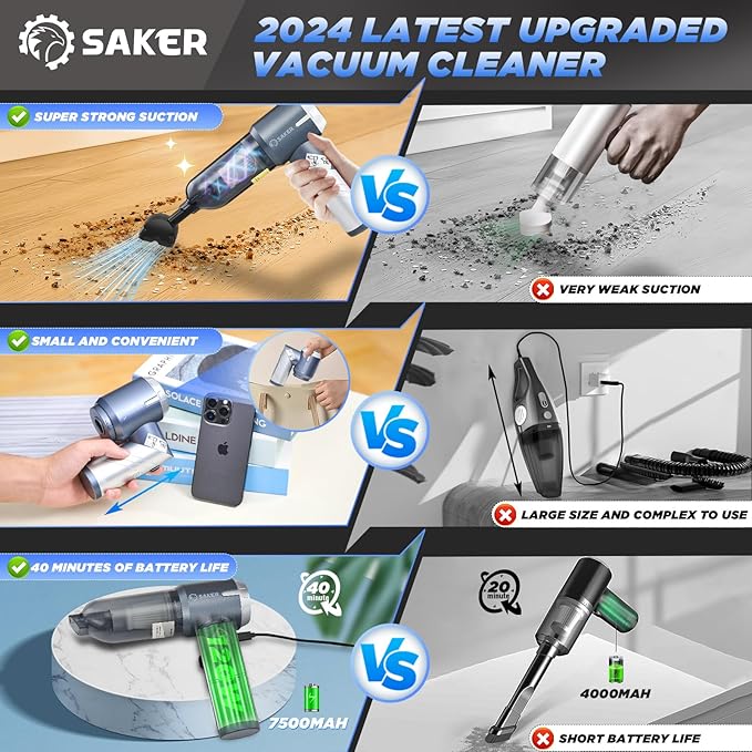 Saker Car Vacuum Cleaner 17000PA Foldable Mini Handheld Vacuums Portable Cordless with Brushless Motor for Gifts HairCarsBedroomsOffices Cleaning HL132 Silver