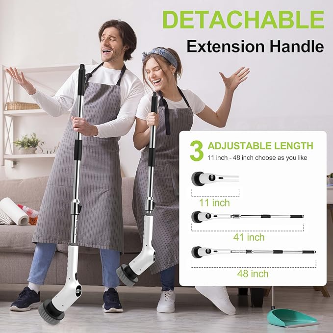 WKY-Electric Spin Scrubber - 10-in-1 Cordless Shower Scrubber &amp Cleaning Brush with Extendable Handle 2 Speeds IPX7 Waterproof Brush Heads LED Display Smart AI Chipfor Bathroom Kitchen White
