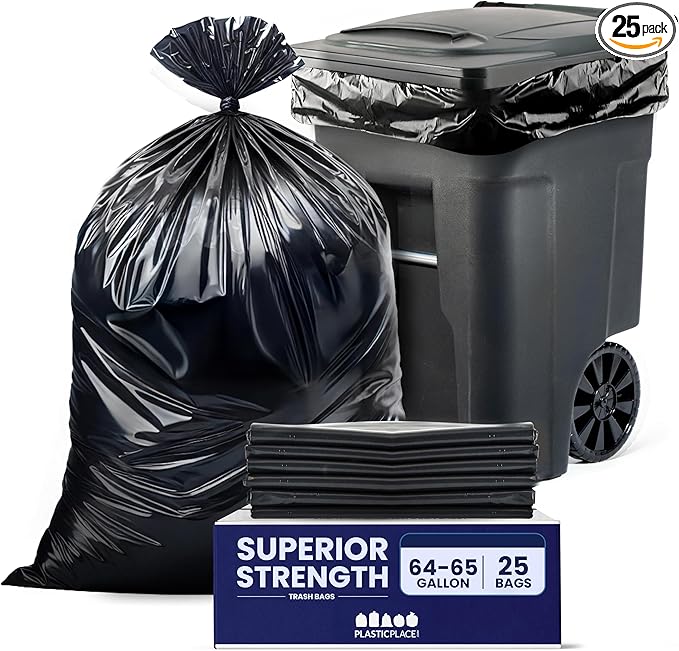 Plasticplace 64-65 Gallon Trash Can Liners for Toter │ 3.0 Mil │ Black Heavy Duty Garbage Bags │ 50” x 60” (25 Count)W65LDBTL3