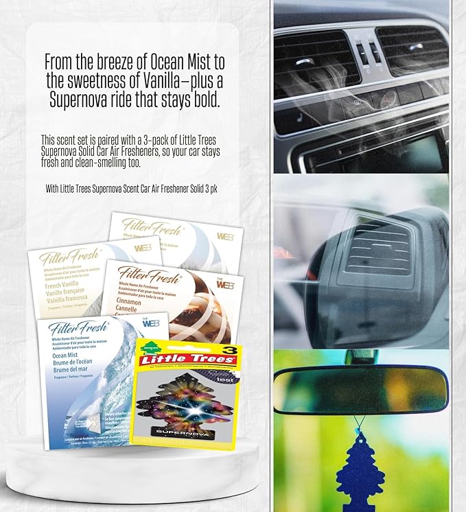 2x Web FilterFresh French Vanilla Ocean Mist and Cinnamon Scent Air Fresheners 0.8 oz Gel Bundle with Car Air Freshener – Attaches to HVAC Filters for Whole Home and Car Use – Gift Set (5 Items)