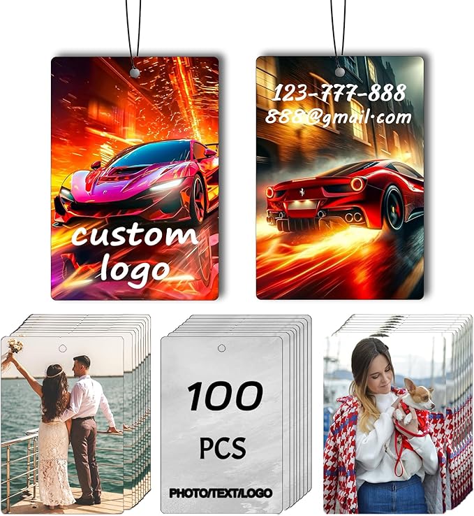 100Pcs Custom Logo Car Bulk Air Fresheners Double-Sided Custom Air Fresheners with Picture Personalized Air Freshener for Car Suitable for Custom Gifts for Branding Business Events (Rectangle)