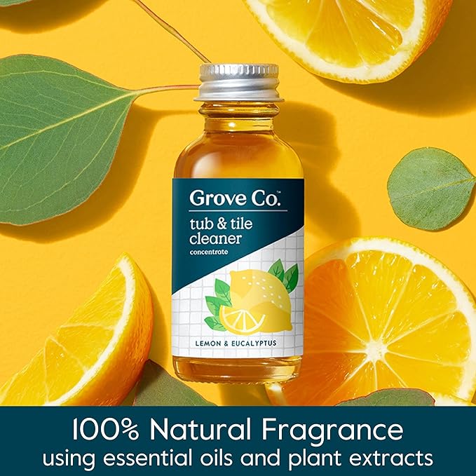 Grove Co. Tub and Tile Cleaner Refill Concentrate (2 x 1 Fl Oz) + 1 x Reusable Glass Spray Bottle (16 Oz) Plant-Based Cleaning Supplies Bundle No Plastic Waste Lemon &amp Eucalyptus Scent