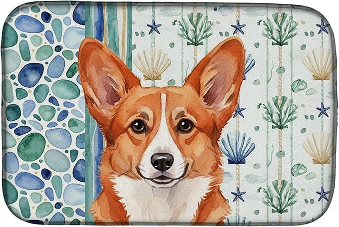 Caroline's Treasures Red Cardigan Welsh Corgi Coastal Sea Glass Dish Drying Mat Absorbent Dish Drying Mat Pad for Kitchen Counter Dish Drainer Mat for Countertop 14 x 21 Multicolor