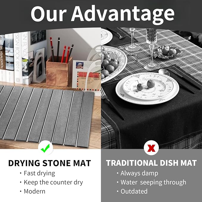 Large Stone Dish Drying Mat for Kitchen Counter 24 x 16 Stone Drying Mat Foldable Quick Dry Absorbent Diatomaceous Earth Bath Mat Countertop Fast Dry Pad for Kitchen Dishes Bottles Cups Bathroom