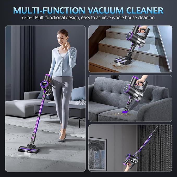 Cordless Vacuum Cleaner Stick Vacuum with LED Display 2 Modes 6 in 1 Lightweight Rechargeable Cordless Stick Vacuum with 40Min Detachable Battery Vacuum Cleaner for Home Hard Floor Carpet
