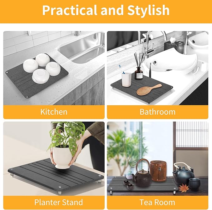 Stone Dish Drying Mat 15.7x11.8(DARK GRAY) Fast Dry Diatomaceous Earth Drying Mat Non-Slip Absorbent Kitchen Bath Counter Mat with Stainless Steel Legs