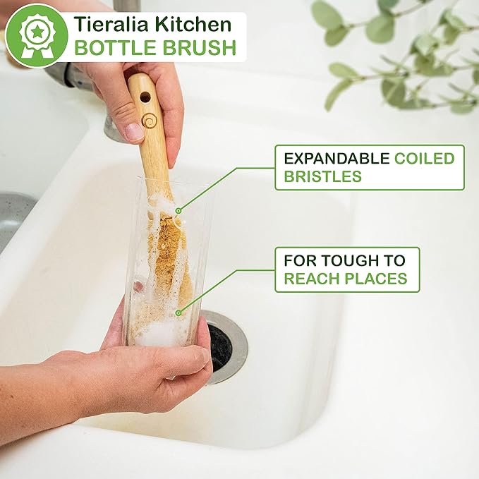 Tieralia Bamboo Dish Brush Gift Set – 5-Piece Kitchen Cleaning Set with Bottle Brush Round Scrub Brush Palm Brush &amp 2 Plant-Based Sponges | Wooden Handle Cleaning Tools for Dishes &amp Surfaces