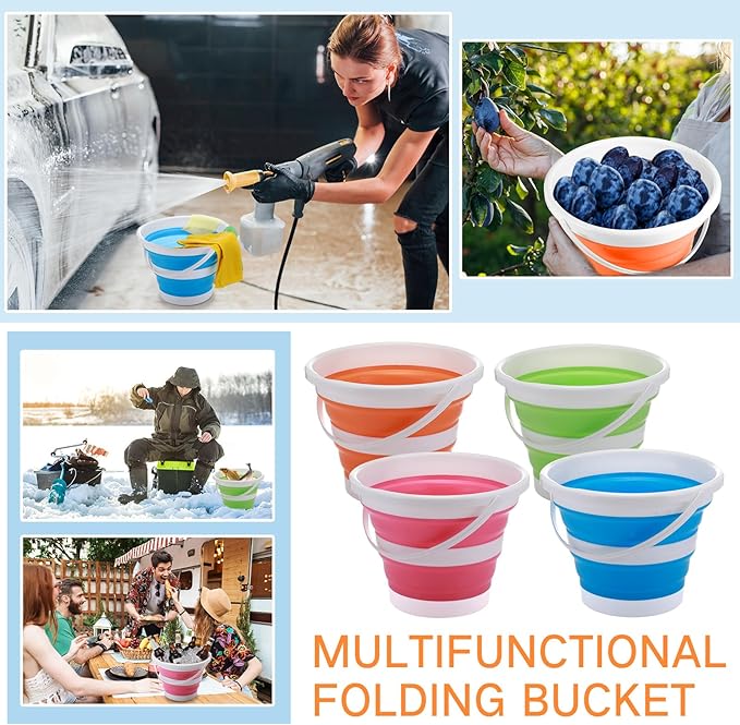 Pickmesh 4 Pcs Collapsible Bucket 2.6 Gallon (10l) Foldable Collapsible Sand Bucket with Handle Small Cleaning Pail for Household Outdoor Car Washing Camping Beach Sand(Blue Green Orange Pink)