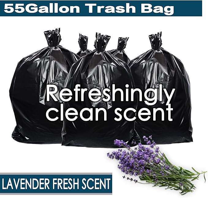 YoYoRain. Lavender Scented 55-60 Gallon Trash Bags | 50 Count | Heavy Duty Black Garbage Bags for Home Office Yard