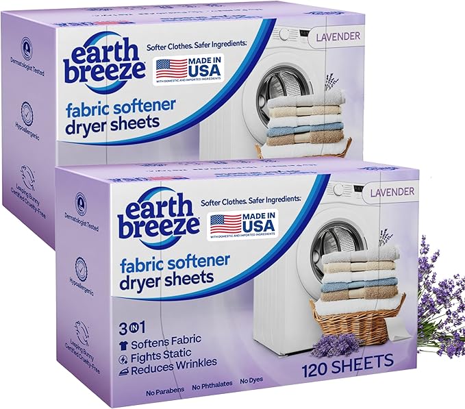 Earth Breeze Fabric Softener Dryer Sheets – Lavender Hypoallergenic No Harsh Chemicals Safe Ingredients – Soft Clothes – Static Cling &amp Wrinkle Reducer – Gentle Fabric Care – Made in USA (2 Pac