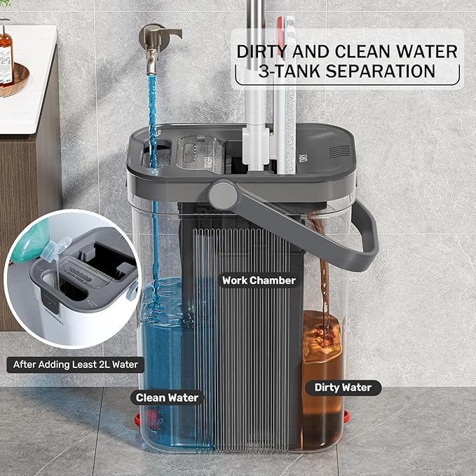 Mop and Bucket Set 3-Tank Flat Mop and Bucket System for Separate Dirty &amp Clean Water 65 Mops for Floor Cleaning with 6 Washable Pads Safe for Hardwood Vinyl Tile Baseboards Walls