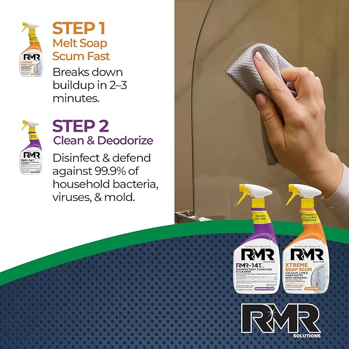 RMR Polish &amp Protect Bundle – Xtreme Soap Scum Remover + RMR-141 EPA Registered Mold &amp Mildew Spray 2-Step Clean &amp Disinfect System for Buildup Hard Water Tile Surfaces Glass 2–32 Oz