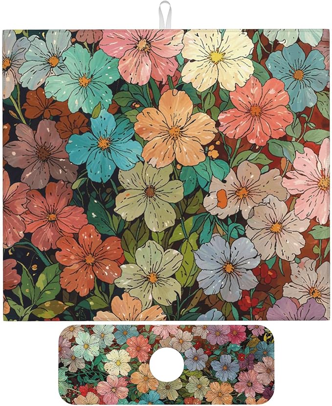 Colorful Wildflowers Dish Drying Mat for Kitchen Counter 16x18 Microfiber Absorbent Fast Dry Mat 2Pcs Dish Mat Faucet Mats Sets Large Drying Kitchen Mat Kitchen Drying Pad Coffee Bar Decor Gifts