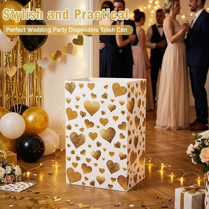 Tinlade 6 Pack 13 Gallon Golden Heart Disposable Trash Cans for Parties Extra Large Thick Waterproof Pop up Recycling Bins Foldable Garbage Bins for Wedding Baby Shower Birthday Party
