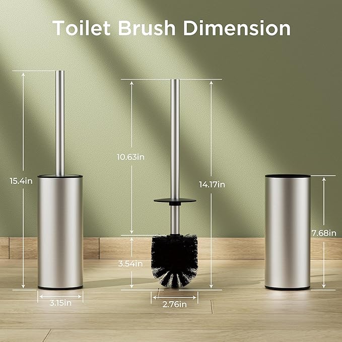 Toilet Brush and Holder Set Toilet Bowl Brush with Heavy Duty 304 Stainless Steel Base and Extra Long Handle Toilet Bowl Cleaners Brush for Bathroom (Stainless Steel)