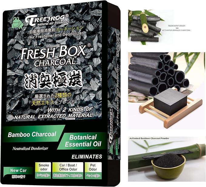 Treefrog Xtreme Fresh Box Charcoal New Car Scent 3-Pack Car Air Freshener Deodorizer and Neutralizer air Plus Smelling Great Bamboo Charcoal Generously Large Size 200g.