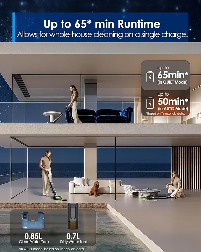 Tineco Floor ONE S9 Master Wet Dry Vacuum Cleaner ThermoBlast Tech &amp Hot Water Vacuum Mop 23kPa Suction 65 Min Runtime 185°F Flashdry 3.9inch Ultra-Slim Stretch Mop