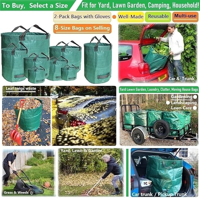 Professional 2-Pack 80 Gallon Lawn Garden Bags Big (D26H33 inch) Yard Waste Bags with Gardening Gloves for Leaf BagYard DebrisGarden PruningLawn Trash ContainerGrass ClippingsWeeds Bag 4 Handles