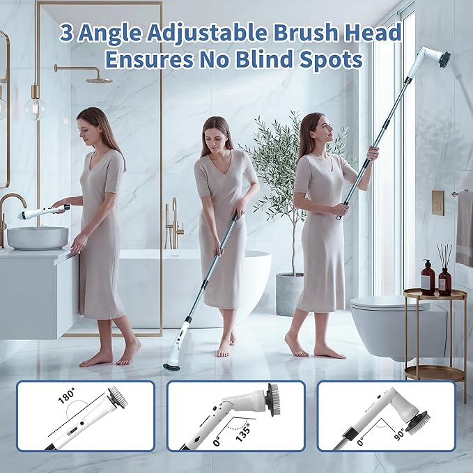 Electric Spin Scrubber Hillyfe Bathroom Scrubber Electric with 7 Replaceable Brush Heads IPX7 Waterproof300/400 RPM 3 Adjustable LengthScrubber Brush Electric for Bathtub FloorWhite