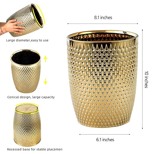 Modern Golden Small Trash Can Wastebasket Garbage Container Bin for Bathrooms Powder Rooms Kitchens Home Offices - Durable Ceramics - Round