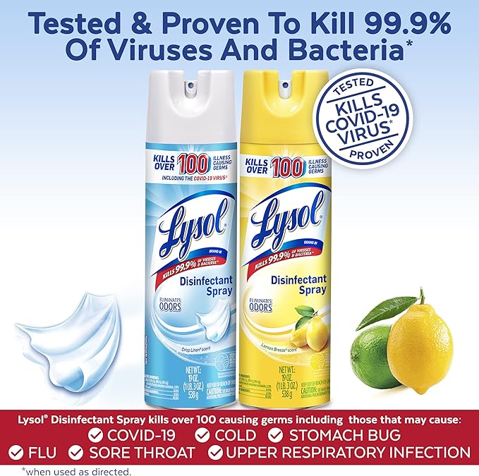 Lysol Disinfectant Spray Sanitizing and Antibacterial Spray For Disinfecting and Deodorizing Lemon Breeze 19 Fl Oz (Pack of 2) Packaging May Vary