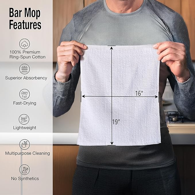 Bar Towels - Bar Mop Cleaning Kitchen Towels (12 Pack 16 x 19”) - Premium Ring-Spun Cotton White Kitchen Bar Towels Restaurant Cleaning Towels Shop Towels and Rags - Bulk Bar Mop Set