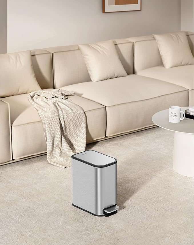 Cesun Small Bathroom Trash Can with Lid Soft Close Step Pedal 5 Liter / 1.3 Gallon Stainless Steel Garbage Can with Removable Inner Bucket Waste Basket for Bathroom Bedroom (Silver)