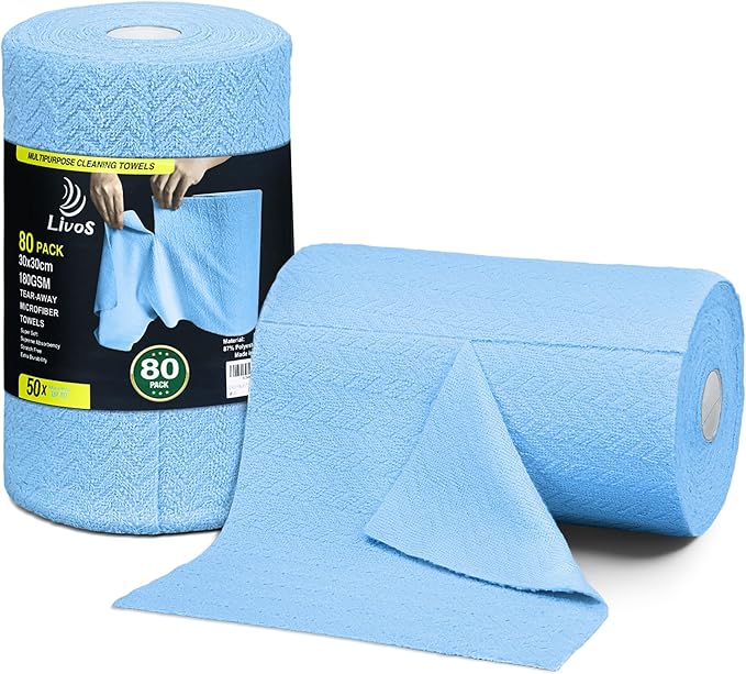 LIVOS Microfiber Cleaning Cloth Roll - 80 Pack Reusable Paper Towels Microfiber Towels for Cars Super Absorbent Lint Free Cleaning Rags for House Kitchen Window-Light Blue 11.5x11.5