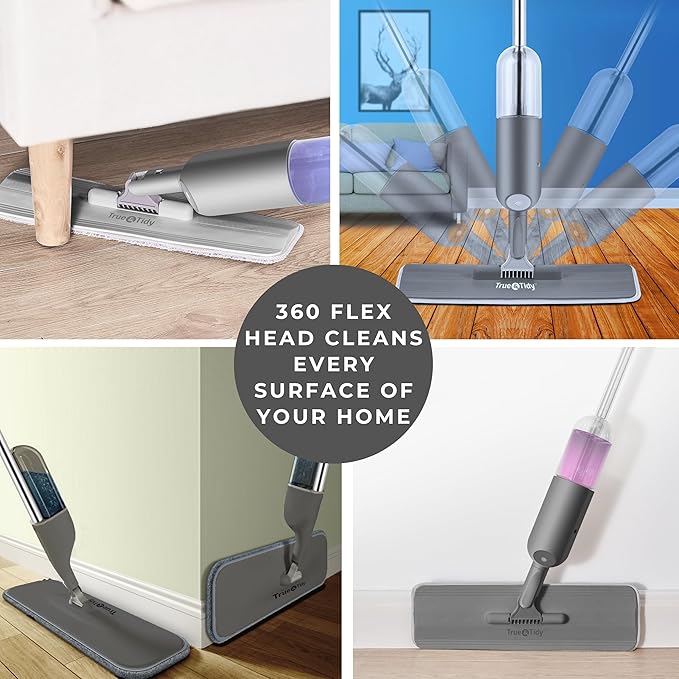 True &amp Tidy® SPRAY-250A Multi-Surface Spray Mop with Refillable Water Bottle Use Any Cleaning Solution Easy to Fill and Refill with Machine Washable Mop Pad (Gray)