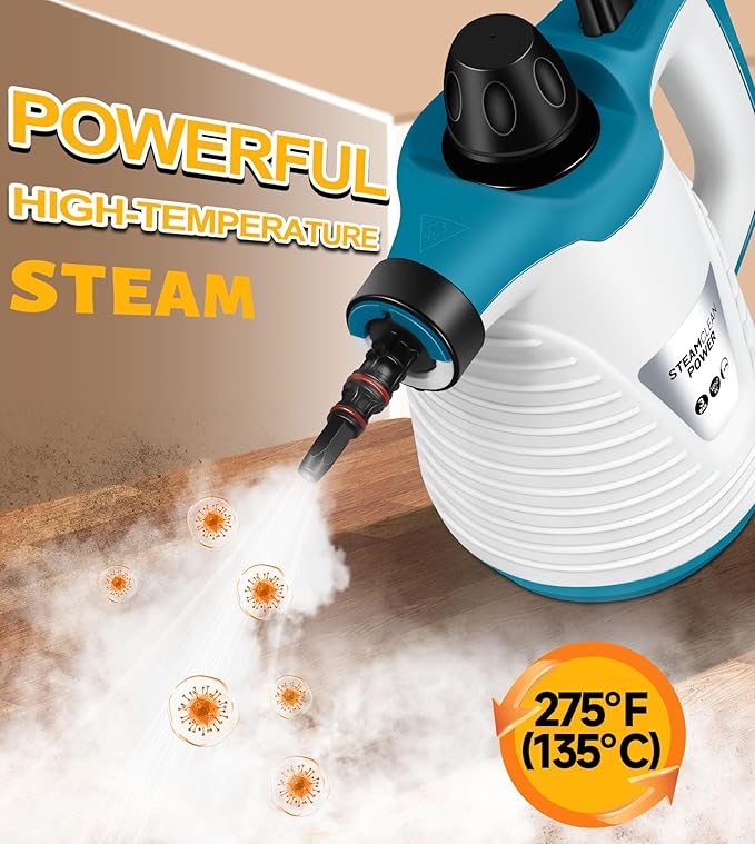 LanAqua Handheld Steam Cleaner with 9 Accessories Pressurized Handheld Multi-Surface Natural Steam Cleaner for Home Multi-Purpose Portable Steamer for Cleaning Floor Upholstery Grout and Car