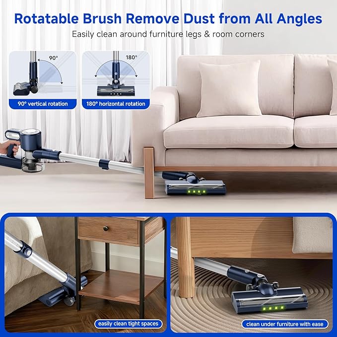 Cordless Vacuum Cleaner for Home: 6-in-1 Stick Vacuum with Powerful Suction Rechargeable Anti-Tangle Pet Hair Brush Self-Standing Green LED Headlight Vacuum for Carpet &amp Hardwood Floors-Dark B