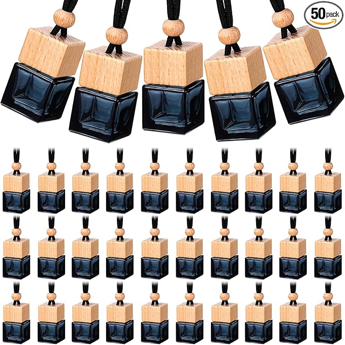 BBTO 50 Pcs Hanging Car Air Freshener Black Car Diffuser Bottles Empty Glass Perfume Bottle Freshener Diffuser Bottles Pendant for Essential Oil Fragrance Aromatherapy Ornament(Cube)