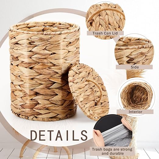 Ctosree 3.8 Gallons Large Wicker Trash Can with Lid Handle Woven Wicker Rattan Bathroom Waste Basket Boho Trash Basket with 100 Plastic Garbage Bags for Bedroom Office Laundry (Classic Style Nautral)