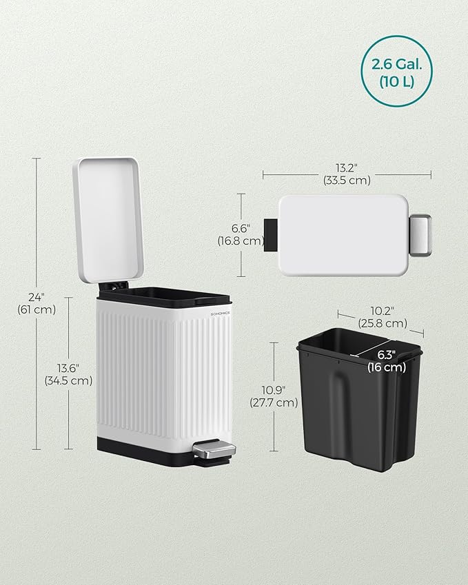 SONGMICS Bathroom Trash Can 2.6-Gallon (10 L) Trash Bin with Lid Slim for Small Spaces Stainless Steel Garbage Can Soft Close White ULTB562W01