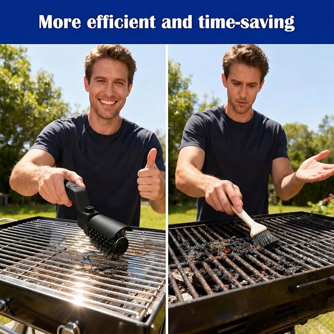 Cordless Electric Grill Brush with Adjustable Angle 3-Speed Power Motor &amp Stainless Steel Head - Rechargeable 90-Min Runtime Waterproof Grill Cleaner for BBQ Grates &amp Griddles (Black)