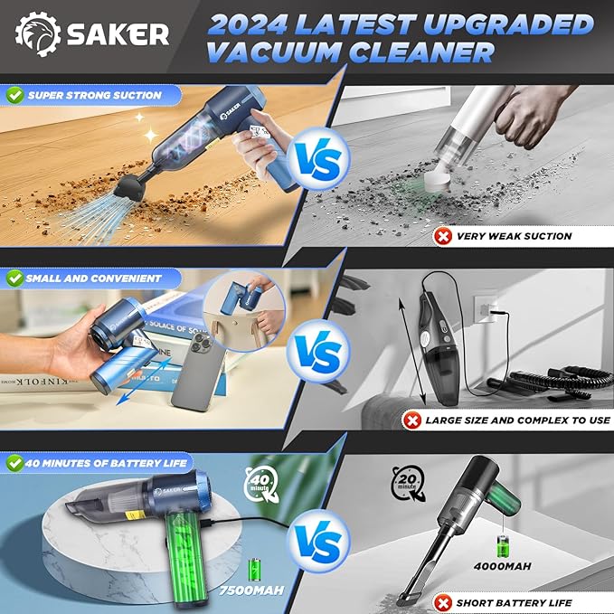 Saker Portable Car Vacuum Cleaner Cordless High Power 17000PA 3 in 1 Foldable Handheld Vacuum Cordless with Brushless Motor for InflationDust BlowingHome Car Cleaning HL132 Blue