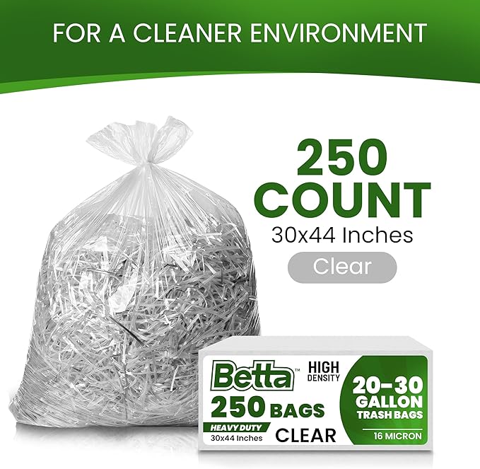 Betta 20-30 Gallon Clear Trash Bags 250 Count Box (30x44-inch) Commercial Heavy-Duty Garbage and Recycling Can Liners 16-20 Gallon Round Cans 15-23 Gallon Slim and Square Cans
