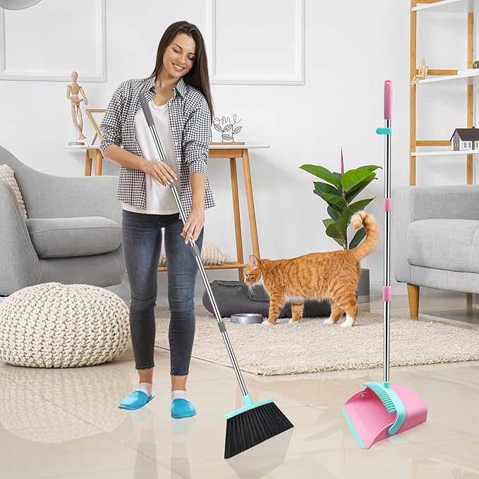 Broom and Dustpan Set 52-in Long Adjustable Handle Broom Dustpan Combo with Dust pan Teeth to Automatically Clean Hair Suitable for Home Kitchen Office Hall Floor (Pink&ampBlue) 2 Pack